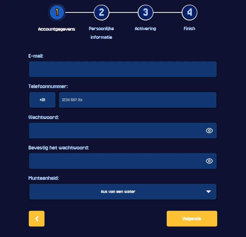 BetBuffoon registratieformulier met velden voor e-mail en telefoonnummer