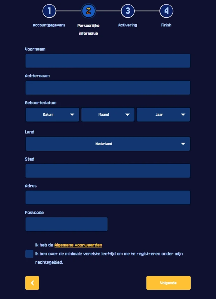 BetBuffoon registratieformulier met velden voor naam en geboortedatum