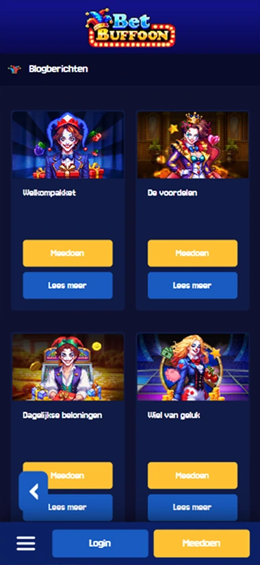 BetBuffoon Casino mobiele interface met blogberichten en promoties
