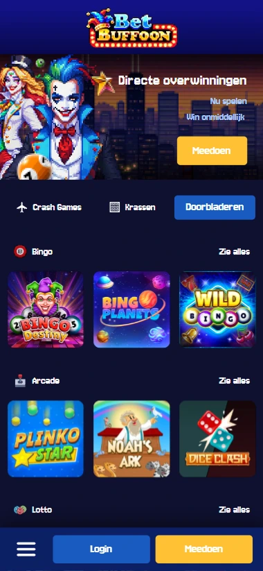 BetBuffoon mobiele lobby met Crash Games, Bingo, Krassen en Arcade